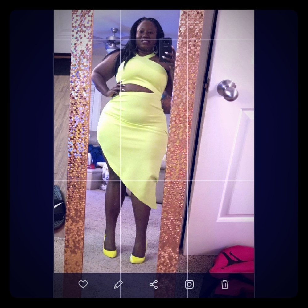 Asymmetrical yellow green  dress with cut out side